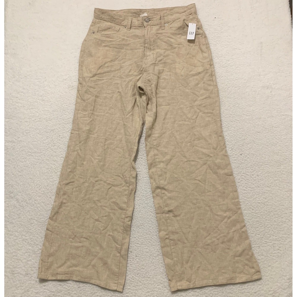Gap Linen Blend Wide Leg Pull On Pants Womens 10 32x30 Nautical Coastal Tan NWT!